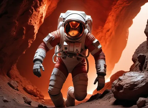 Prompt: a Sci-fi astronaut wounded at leg by a rock in a underground mine on Mars, futuristic metallic materials, red and orange tones, high quality, 8k, ultra-detailed, futuristic, metallic textures, full of dust, dynamic lighting, professional realistic photography, photorealistic, indoor, from behind