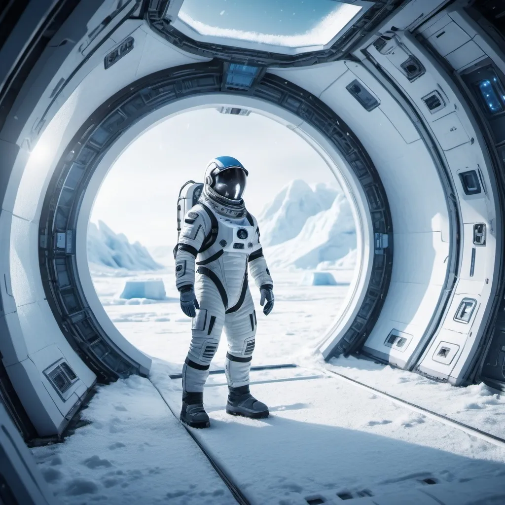 Prompt: astronaut working in a Sci-fi frozen base at one arctic planet, futuristic metallic materials, white and blue tones, high quality, 8k, ultra-detailed, futuristic, metallic textures, full of snow, dynamic lighting, professional realistic photography, photorealistic, outdoor view