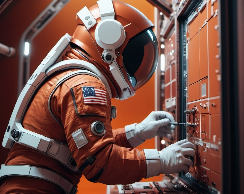 Prompt: closeup to a Sci-fi  astronaut repairing a panel on Mars, inside a base, futuristic metallic materials, red and orange tones, high quality, 8k, ultra-detailed,  futuristic, metallic textures, dynamic lighting, professional realistic photography, photorealistic, indoor, from behind