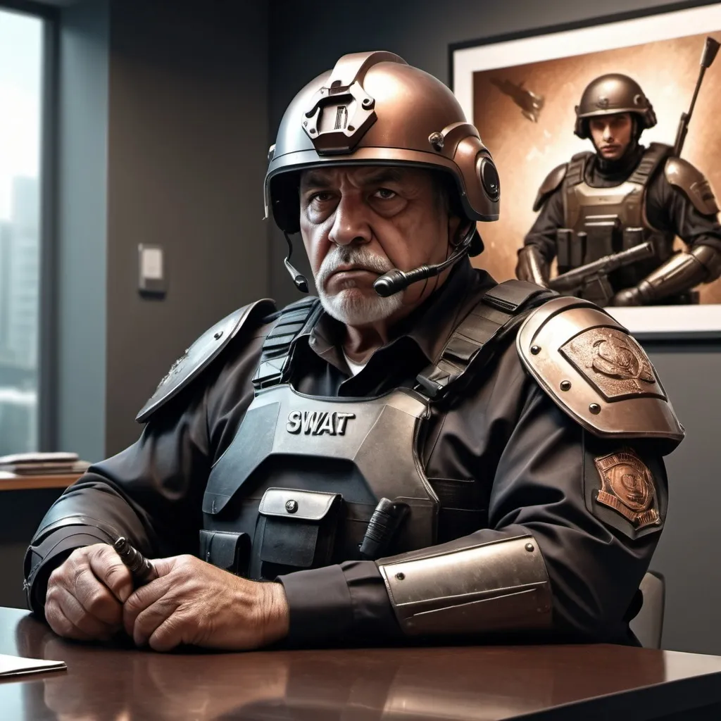 Prompt: thick old security guard with modern swat helmet and a war mace in his left hand siting on a desk in one painting exposition, futuristic metallic materials, high quality, 8k, ultra-detailed, metallic textures, brown and copper tones, dynamic lighting, professional realistic photography, photo-realistic, background painting exposition, hyper-realistic face