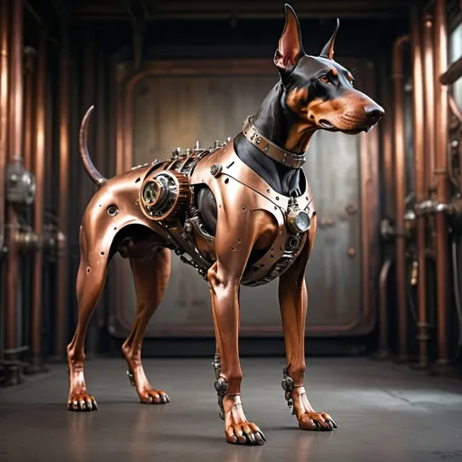 Prompt: one cyber Doberman with metallic rusty body and metallic legs steampunk stile, futuristic metallic materials, high quality, 8k, ultra-detailed, futuristic, metallic textures, brown and copper tones, dynamic lighting, professional realistic photography, photorealistic, steampunk pet shop rusty background, see full body