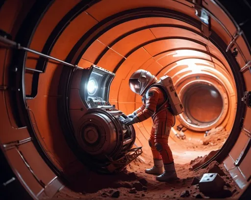 Prompt:  a Sci-fi  astronaut repairing a robot on Mars, inside a mine shaft, futuristic metallic materials, red and orange tones, high quality, 8k, ultra-detailed,  futuristic, metallic textures, dynamic lighting, professional realistic photography, indoor, from behind