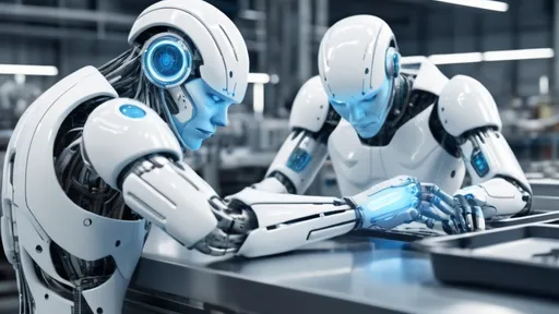 Prompt: inspecting cyborg parts on the assembly line inside a Sci-Fi industrial plant, futuristic metallic materials, white and blue tones, high quality, 8k resolution, sharp contrast, ultra-detailed, futuristic, metallic textures, dynamic lighting, professional realistic photography, photorealistic