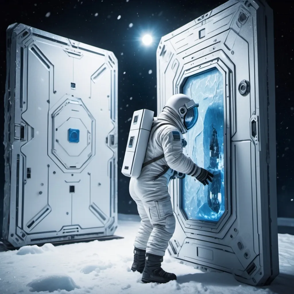 Prompt: astronaut working on a vertical panel outside in a Sci-fi frozen base at one arctic planet, futuristic metallic materials, white and blue tones, high quality, 8k, ultra-detailed, futuristic, metallic textures, full of snow, dynamic lighting, professional realistic photography, photorealistic, outdoor view