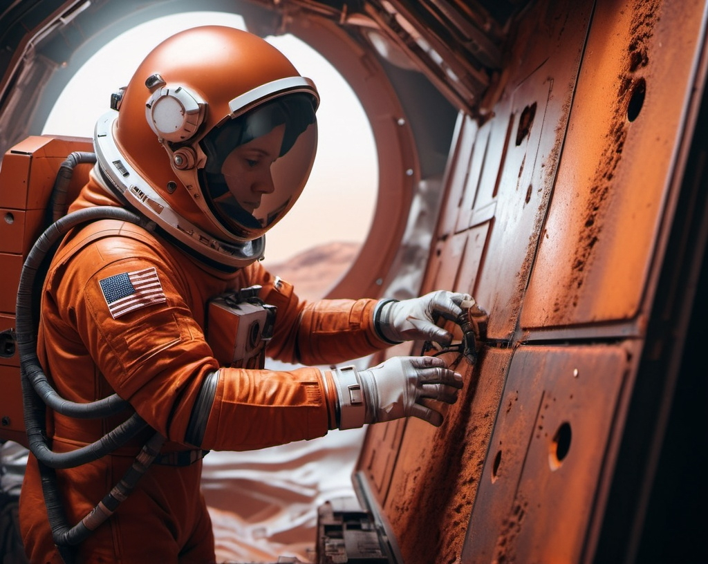 Prompt: a Sci-fi  astronaut repairing a rusty panel on Mars, in a mine, futuristic metallic materials, red and orange tones, high quality, 8k, ultra-detailed,  futuristic, metallic textures, dynamic lighting, dust storm, professional realistic photography, photorealistic, indoor