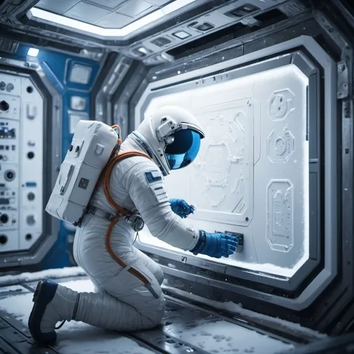 Prompt: astronaut repairing a panel in a Sci-fi base at one arctic planet, futuristic metallic materials, white and blue tones, high quality, 8k, ultra-detailed, futuristic, metallic textures, full of snow, dynamic lighting, professional realistic photography, photorealistic, outdoor view