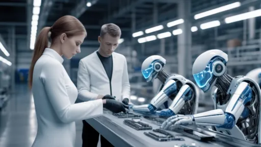 Prompt: humans inspecting cyborg parts on the assembly line inside a Sci-Fi industrial plant, futuristic metallic materials, white and blue tones, high quality, 8k resolution, sharp contrast, ultra-detailed, futuristic, metallic textures, dynamic lighting, professional realistic photography, photorealistic