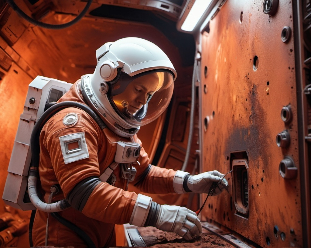 Prompt: a Sci-fi  astronaut repairing a rusty panel on Mars, in a mine, futuristic metallic materials, red and orange tones, high quality, 8k, ultra-detailed,  futuristic, metallic textures, dynamic lighting, dust storm, professional realistic photography, photorealistic, indoor