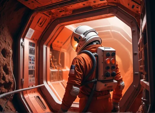 Prompt: a Sci-fi astronaut repairing an extraction machine in a underground mine on Mars, futuristic metallic materials, red and orange tones, high quality, 8k, ultra-detailed, futuristic, metallic textures, full of dust, dynamic lighting, professional realistic photography, photorealistic, indoor, from behind