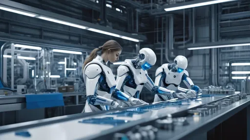 Prompt: humans inspecting cyborg parts on the assembly line inside a Sci-Fi industrial plant, futuristic metallic materials, white and blue tones, high quality, 8k resolution, sharp contrast, ultra-detailed, futuristic, metallic textures, dynamic lighting, professional realistic photography, photorealistic