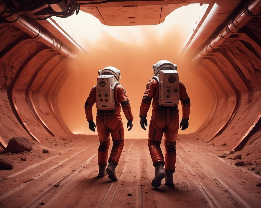 Prompt: 2 Sci-fi  astronauts running on Mars, inside a mine, futuristic metallic materials, red and orange tones, high quality, 8k, ultra-detailed,  futuristic, metallic textures, dynamic lighting, dust storm, professional realistic photography, photorealistic, indoor, from behind