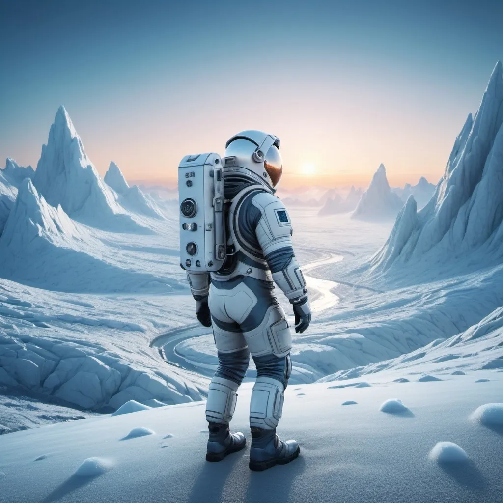 Prompt: astronaut working outside in a frosty valley near one Sci-fi city on arctic planet, futuristic metallic materials, white and blue tones, high quality, 8k, ultra-detailed, futuristic, metallic textures, full of snow, dynamic lighting, professional realistic photography, photorealistic, outdoor on sunset