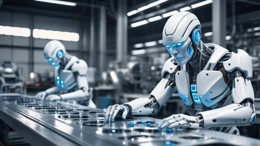 Prompt: inspecting cyborg parts on the assembly line inside a Sci-Fi industrial plant, futuristic metallic materials, white and blue tones, high quality, 8k resolution, sharp contrast, ultra-detailed, futuristic, metallic textures, dynamic lighting, professional realistic photography, photorealistic