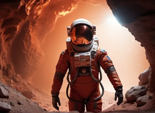 Prompt: a Sci-fi astronaut hit by a rock in a underground mine on Mars, futuristic metallic materials, red and orange tones, high quality, 8k, ultra-detailed, futuristic, metallic textures, full of dust, dynamic lighting, professional realistic photography, photorealistic, intdoor, from behind