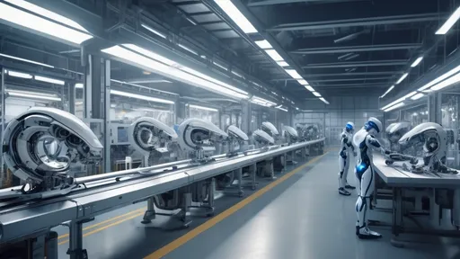 Prompt: humans inspect some cyborg parts on the assembly line inside a Sci-Fi industrial plant, futuristic metallic materials, white and blue tones, high quality, 8k resolution, sharp contrast, ultra-detailed, futuristic, metallic textures, dynamic lighting, professional realistic photography, photorealistic