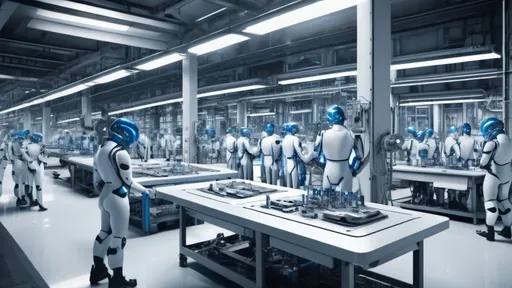 Prompt: humans assembly some cyborg parts on the assembly line inside a Sci-Fi industrial plant, futuristic metallic materials, white and blue tones, high quality, 8k resolution, sharp contrast, ultra-detailed, futuristic, metallic textures, dynamic lighting, professional realistic photography, photorealistic