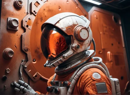 Prompt: closeup with a Sci-fi astronaut repairing a rusty panel in a mine on Mars, futuristic metallic materials, red and orange tones, high quality, 8k, ultra-detailed, futuristic, metallic textures, full of dust, dynamic lighting, professional realistic photography, photorealistic, indoor, from behind