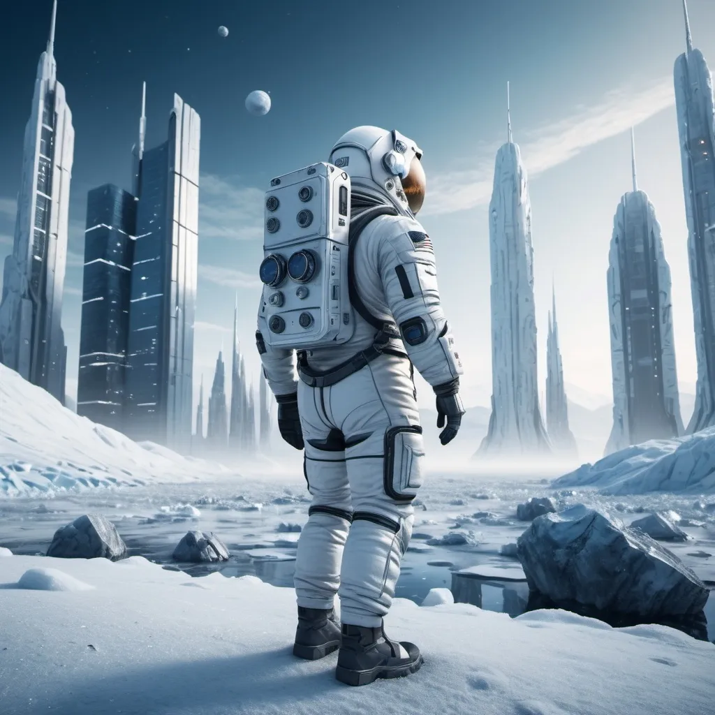 Prompt: astronaut working outside in a frosty valley near one Sci-fi city with tall buildings on arctic planet, futuristic metallic materials, white and blue tones, high quality, 8k, ultra-detailed, futuristic, metallic textures, full of snow, dynamic lighting, professional realistic photography, photorealistic, outdoor by night