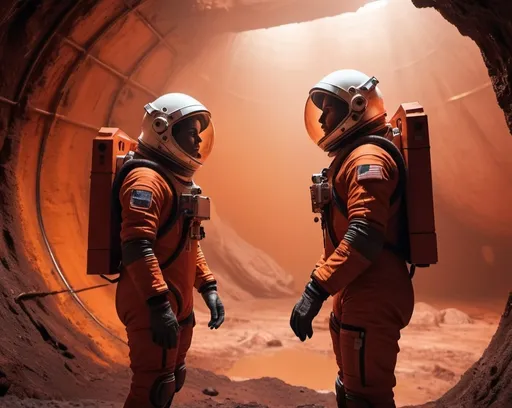 Prompt: 2 Sci-fi  astronauts looking each other in a rusty mine pit on Mars, futuristic metallic materials, red and orange tones, high quality, 8k, ultra-detailed,  futuristic, metallic textures, dynamic lighting, dust storm, professional realistic photography, photorealistic, indoor