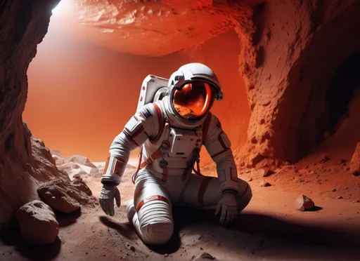 Prompt: a Sci-fi astronaut wounded at leg by a rock in a underground mine on Mars, futuristic metallic materials, red and orange tones, high quality, 8k, ultra-detailed, futuristic, metallic textures, full of dust, dynamic lighting, professional realistic photography, photorealistic, indoor, from behind