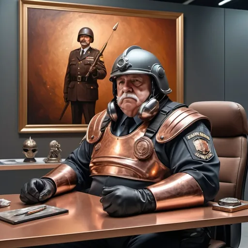 Prompt: thick old security guard with helmet and a war mace in his left hand siting on a desk in one painting exposition, futuristic metallic materials, high quality, 8k, ultra-detailed, metallic textures, brown and copper tones, dynamic lighting, professional realistic photography, photo-realistic, background painting exposition, hyper-realistic face