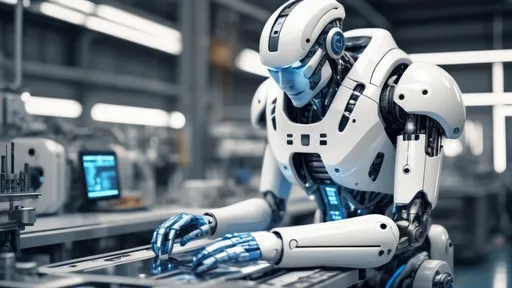 Prompt: inspecting cyborg parts on the assembly line inside a Sci-Fi industrial plant, futuristic metallic materials, white and blue tones, high quality, 8k resolution, sharp contrast, ultra-detailed, futuristic, metallic textures, dynamic lighting, professional realistic photography, photorealistic