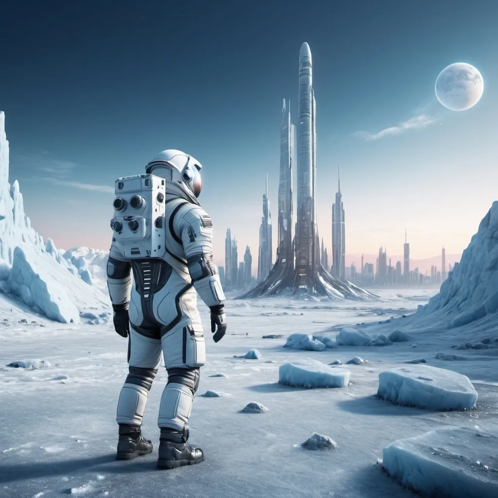 Prompt: astronaut working outside in a frosty valley near one Sci-fi city with tall buildings on arctic planet, futuristic metallic materials, white and blue tones, high quality, 8k, ultra-detailed, futuristic, metallic textures, full of snow, dynamic lighting, professional realistic photography, photorealistic, outdoor on sunset