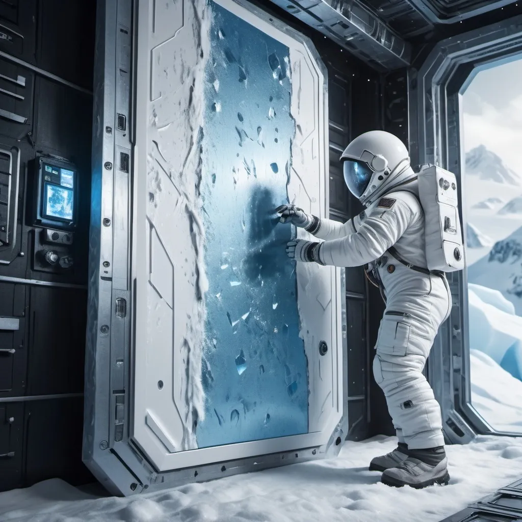 Prompt: astronaut working on a vertical panel on a wall outside in a Sci-fi frozen base at one arctic planet, futuristic metallic materials, white and blue tones, high quality, 8k, ultra-detailed, futuristic, metallic textures, full of snow, dynamic lighting, professional realistic photography, photorealistic, outdoor view