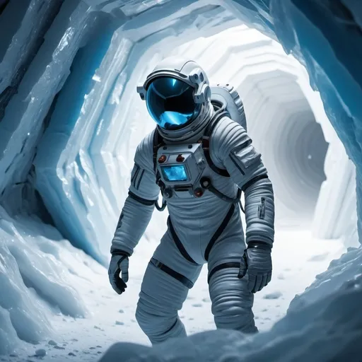 Prompt: astronaut working in a Sci-fi icy mine at one arctic planet, futuristic metallic materials, white and blue tones, high quality, 8k, ultra-detailed, futuristic, metallic textures, full of snow, dynamic lighting, professional realistic photography, photorealistic, outdoor view