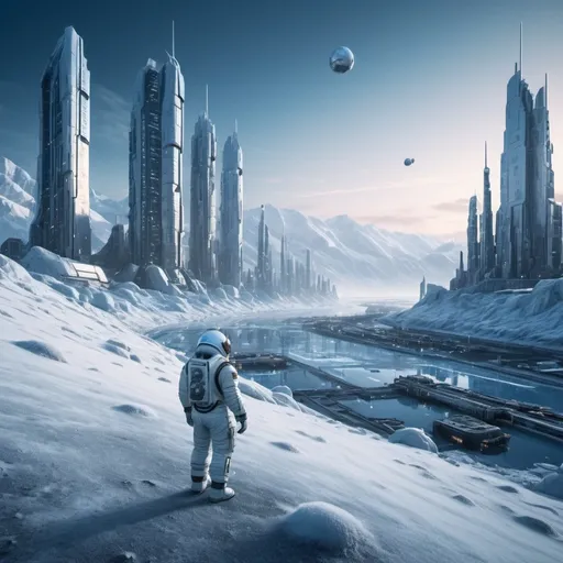 Prompt: astronaut working outside in a frosty valley near one Sci-fi city with tall buildings on arctic planet, futuristic metallic materials, white and blue tones, high quality, 8k, ultra-detailed, futuristic, metallic textures, full of snow, dynamic lighting, professional realistic photography, photorealistic, outdoor on dusk