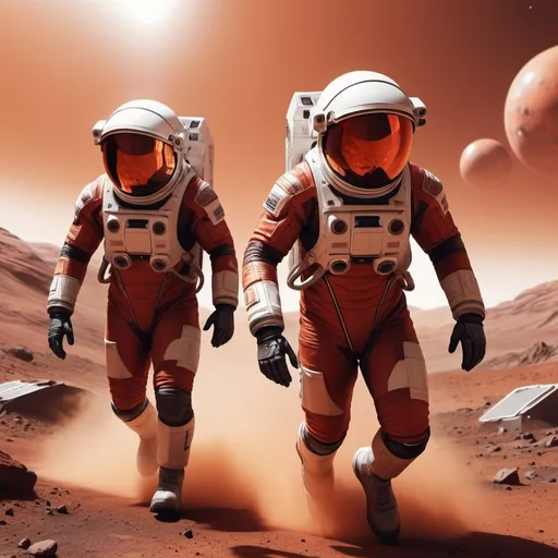 Prompt: 2 futuristic sci-fi astronauts running on Mars, futuristic metallic materials, red and orange tones, high quality, 4k, ultra-detailed, photorealistic, dynamic lighting, indoor, from behind, metallic textures, base site crash, dust explosions, professional, realistic photography