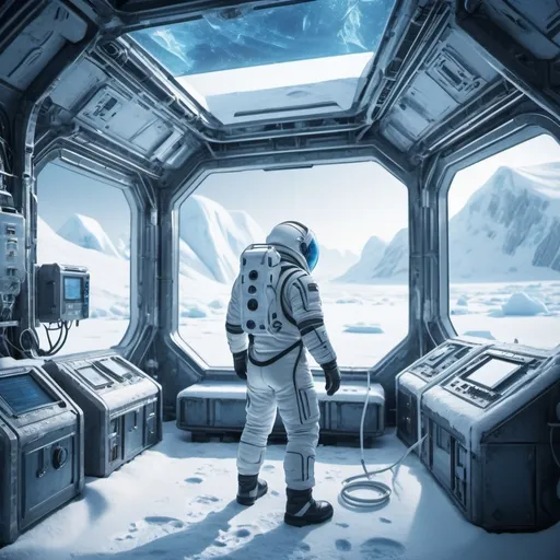 Prompt: astronaut working outside in a Sci-fi frozen base at one arctic planet, futuristic metallic materials, white and blue tones, high quality, 8k, ultra-detailed, futuristic, metallic textures, full of snow, dynamic lighting, professional realistic photography, photorealistic, outdoor view