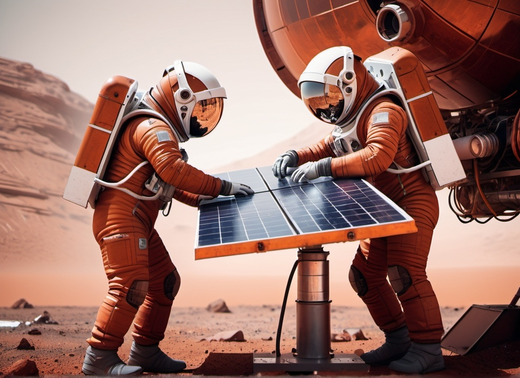 Prompt: closeup with 2 Sci-fi astronauts repairing a rusty solar panel in a base on Mars, futuristic metallic materials, red and orange tones, high quality, 8k, ultra-detailed, futuristic, metallic textures, full of dust, dynamic lighting, professional realistic photography, photorealistic, outdoor, from behind