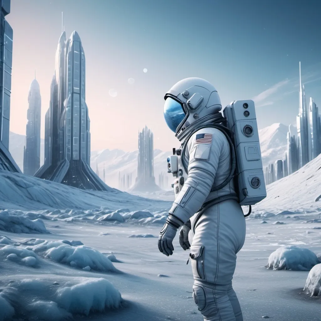 Prompt: astronaut working outside in a frosty valley near one Sci-fi city with tall buildings on arctic planet, futuristic metallic materials, white and blue tones, high quality, 8k, ultra-detailed, futuristic, metallic textures, full of snow, dynamic lighting, professional realistic photography, photorealistic, outdoor on dusk