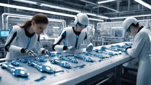 Prompt: humans inspecting cyborg parts on the assembly line inside a Sci-Fi industrial plant, futuristic metallic materials, white and blue tones, high quality, 8k resolution, sharp contrast, ultra-detailed, futuristic, metallic textures, dynamic lighting, professional realistic photography, photorealistic