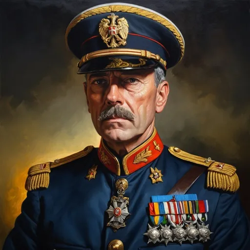Prompt: Fierce general in military uniform, heroic portrait, oil painting, intense gaze, detailed uniform, historical, high quality, realistic, traditional art, bold colors, dramatic lighting