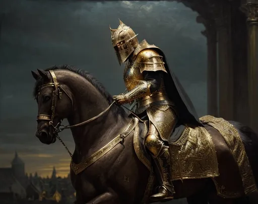 Prompt: Serious royal knight king, oil painting, regal armor with gold accents, commanding presence, intricate details, high-res, realistic, historical, noble, majestic, intense lighting, warm tones, side-heroic view angle