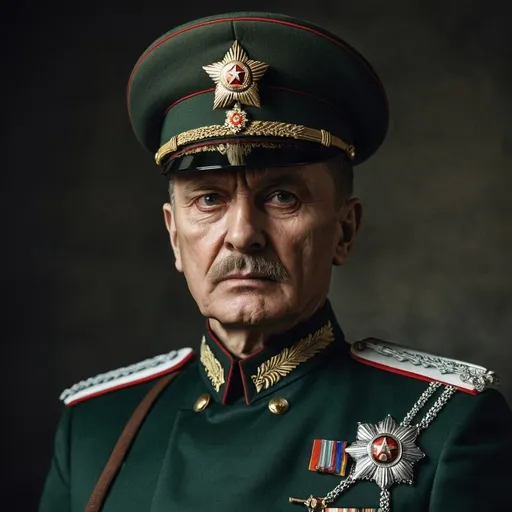 Prompt: A portrait of a heroic, fierce-looking Russian general wearing a dark green  military style uniform standing up
