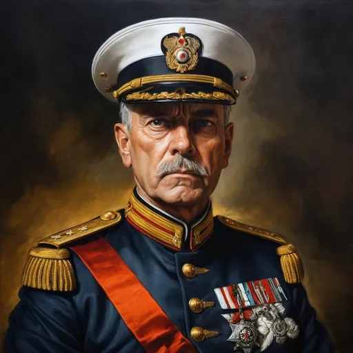 Prompt: Fierce general in military uniform, heroic portrait, oil painting, intense gaze, detailed uniform, historical, high quality, realistic, traditional art, bold colors, dramatic lighting