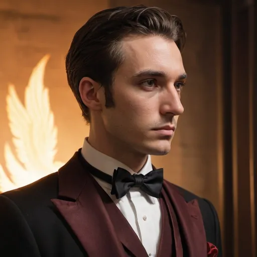 Prompt: A gentlemen phoenix in a dark brown tuxedo suit, serious, sideview, might phoenix