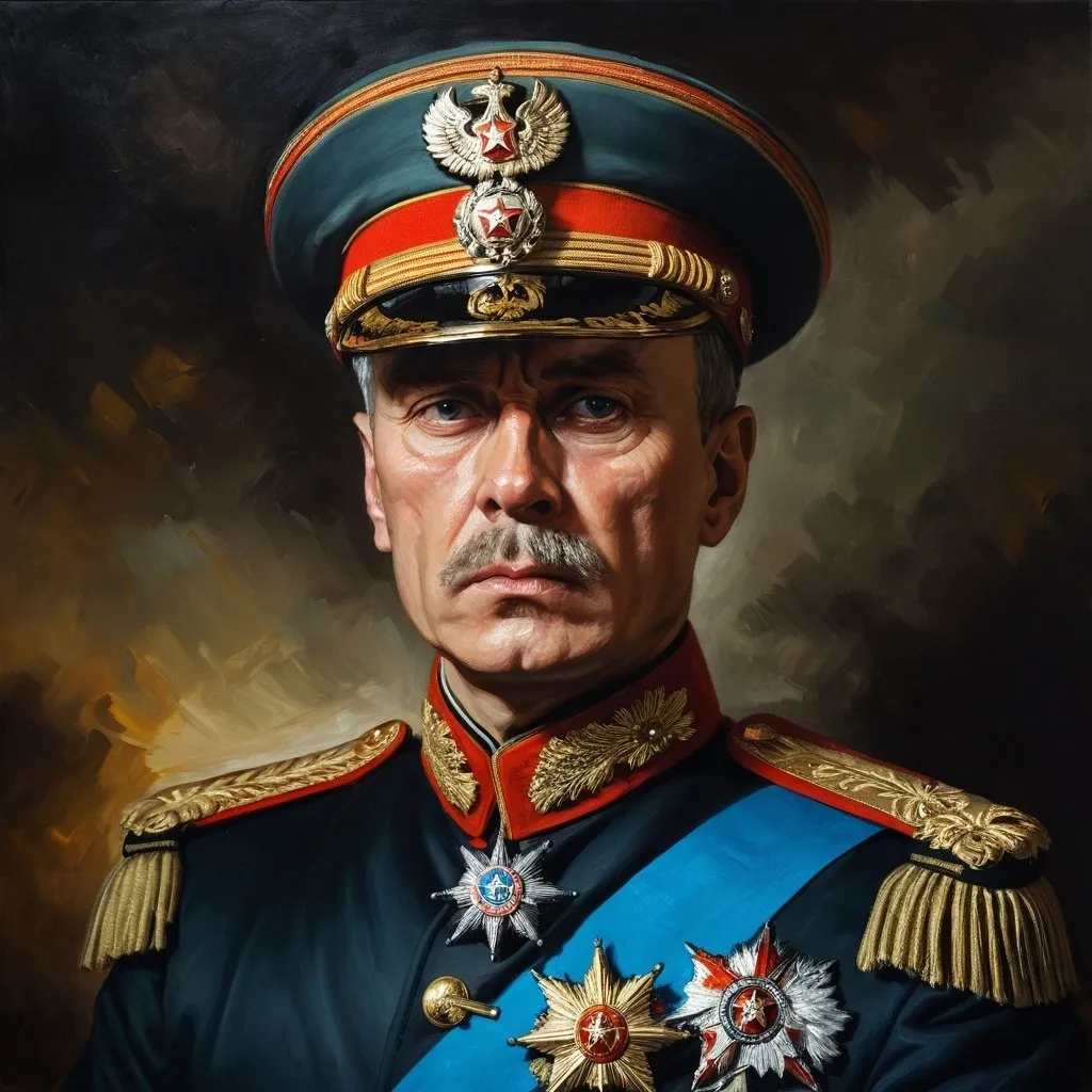 Prompt: Fierce Russian general in military uniform, heroic portrait, oil painting, intense gaze, detailed uniform, historical, high quality, realistic, traditional art, bold colors, dramatic lighting