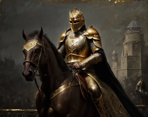 Prompt: Serious royal knight king, oil painting, regal armor with gold accents, commanding presence, intricate details, high-res, realistic, historical, noble, majestic, intense lighting, warm tones