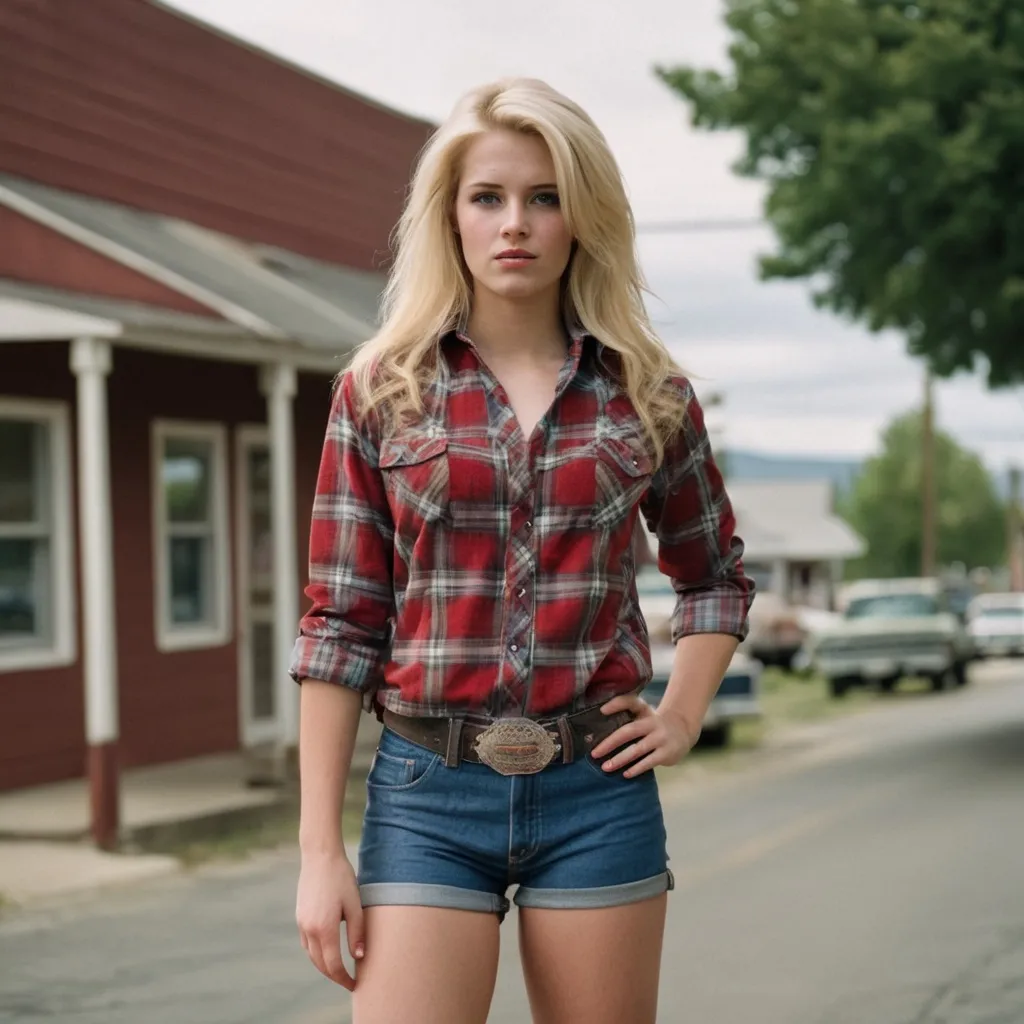 Prompt: A blonde woman wearing hotpants, cowboy boots and a flannel shirt. Standing in a American small town