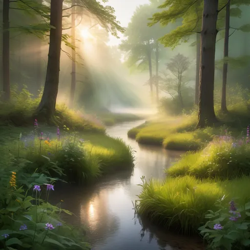 Prompt: A tranquil forest at sunrise with mist rising from the ground, sunlight filtering through tall trees, soft green foliage, and delicate wildflowers scattered on the forest floor. The atmosphere is peaceful, with birds softly chirping in the background, and a serene river winding through the landscape. The scene has a magical, ethereal feel, with vibrant colors and a calming mood, as if time stands still in nature’s embrace."

