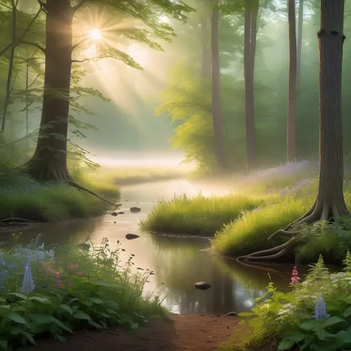 Prompt: A tranquil forest at sunrise with mist rising from the ground, sunlight filtering through tall trees, soft green foliage, and delicate wildflowers scattered on the forest floor. The atmosphere is peaceful, with birds softly chirping in the background, and a serene river winding through the landscape. The scene has a magical, ethereal feel, with vibrant colors and a calming mood, as if time stands still in nature’s embrace."

