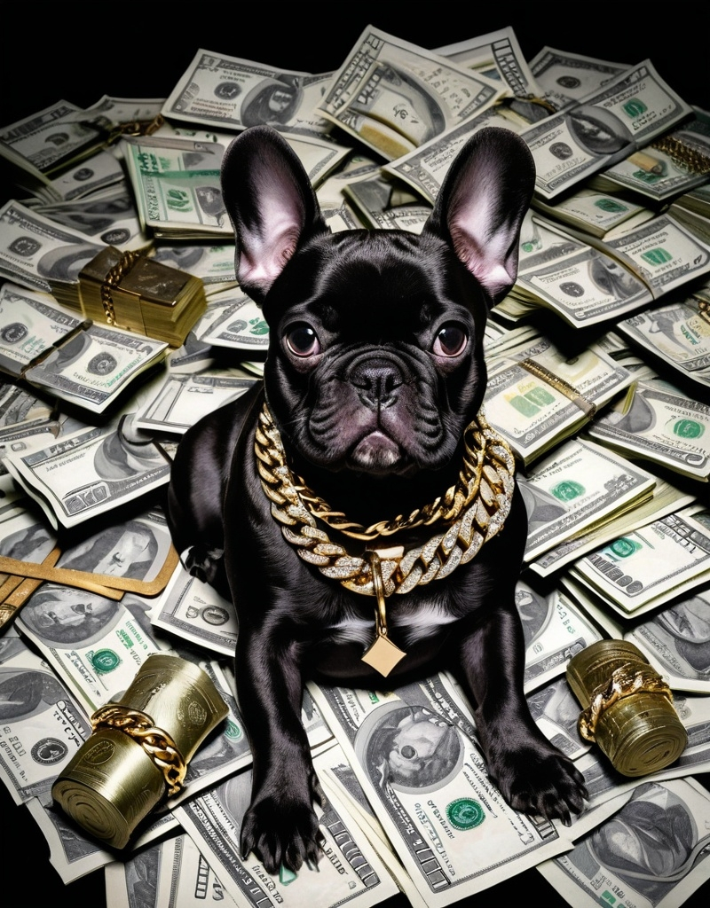 Prompt: Vicious Frenchie Dog sitting in a pile of cash and darkness all around with Cuban link chain around neck