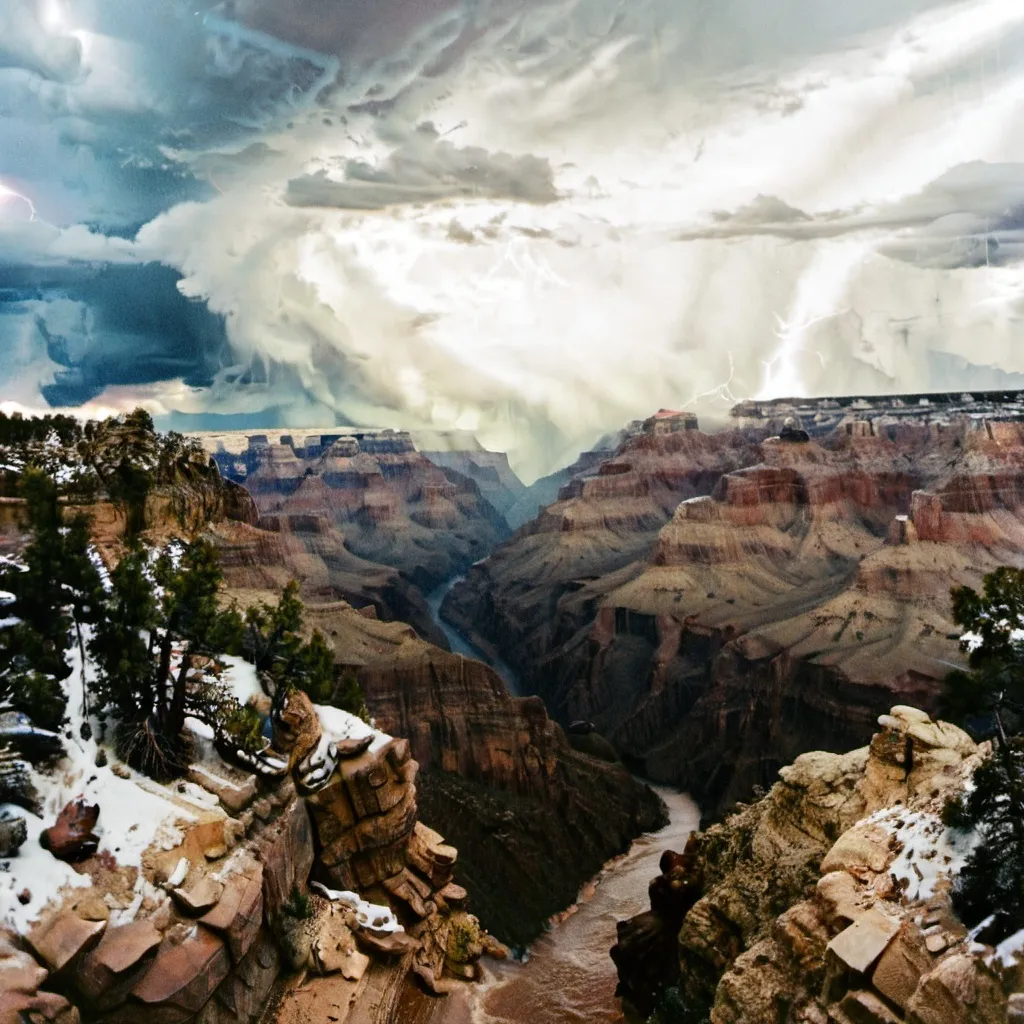 Prompt: Cloudy thunder storm view from the Grand Canyon with water filling up the Grand Canyon 