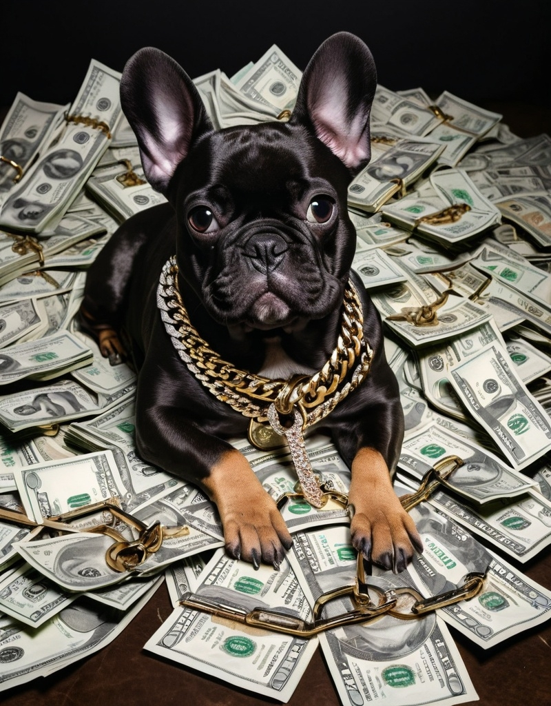 Prompt: Vicious Frenchie Dog sitting in a pile of cash and darkness all around with Cuban link chain around neck