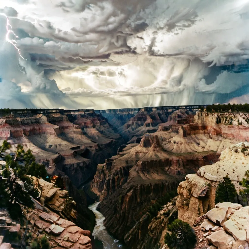 Prompt: Cloudy thunder storm view from the Grand Canyon with water filling up the Grand Canyon 