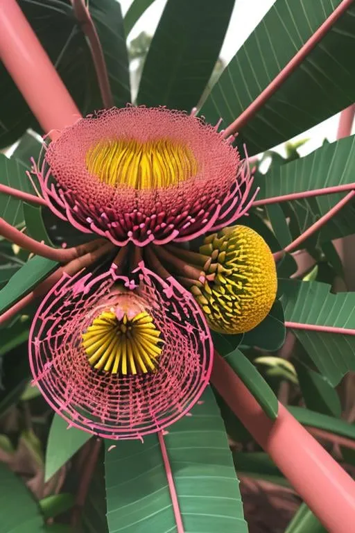 Prompt: Close-up of a vibrant and colorful banksia in shades of pink, red, orange and yellow surrounded by lush green foliage